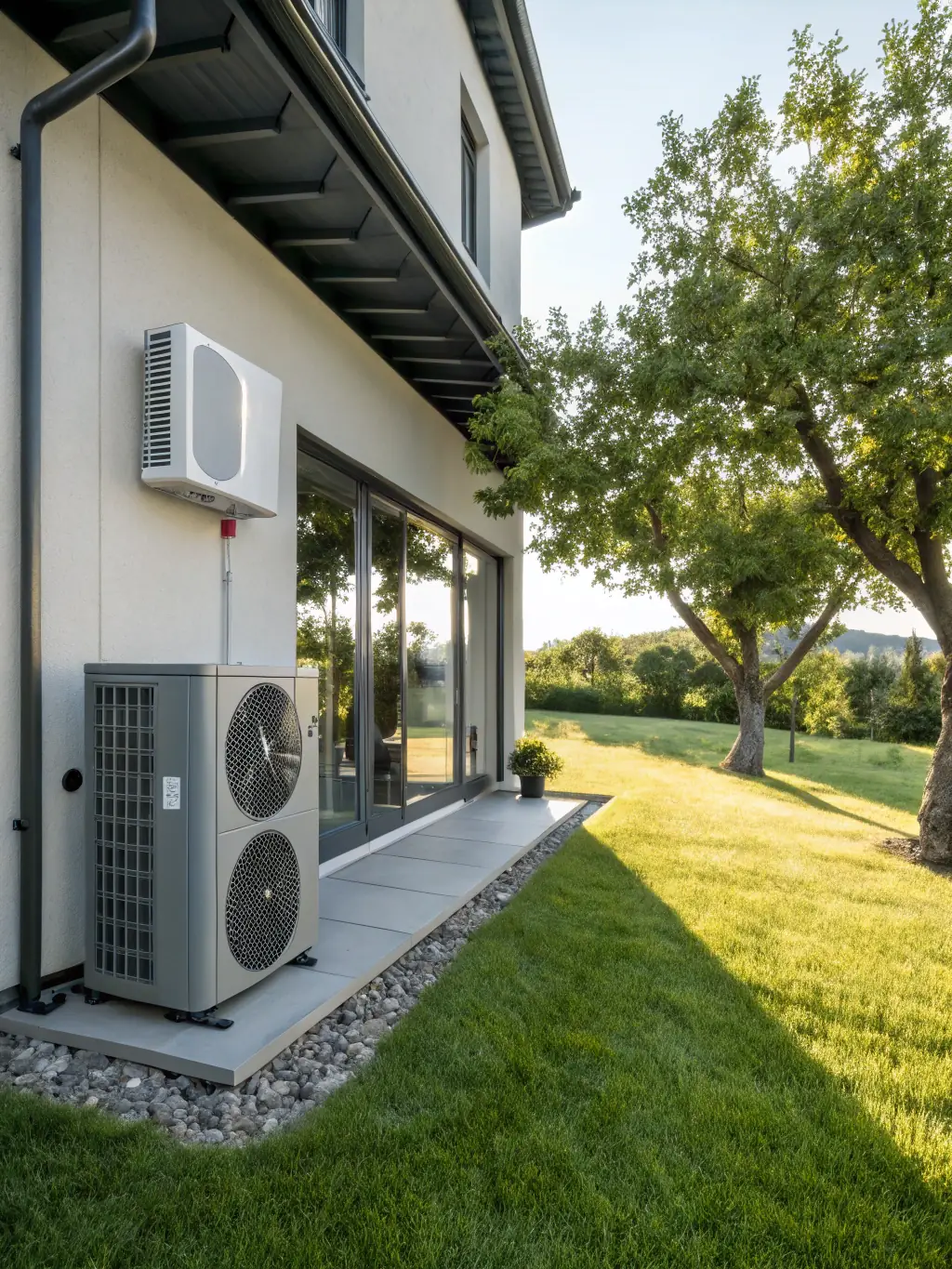 A modern residential home exterior with a newly installed, energy-efficient HVAC unit visible. The scene is bright and sunny, emphasizing comfort and homeownership.