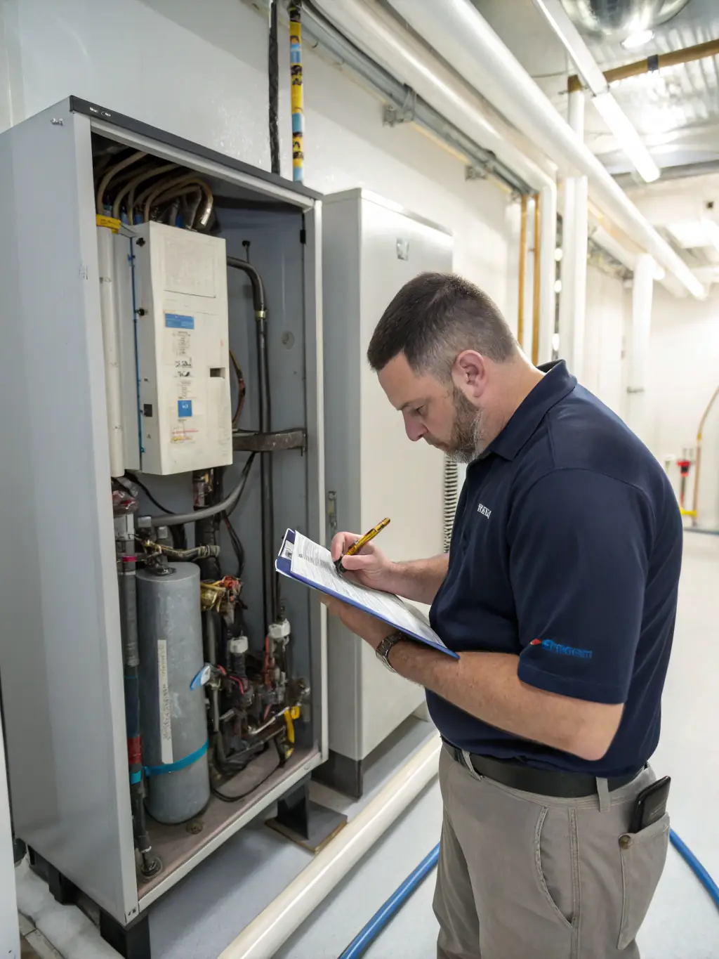 A technician performing maintenance on a large commercial HVAC unit, with various tools and diagnostic equipment visible. The environment is a clean and well-maintained mechanical room.